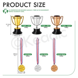 Keadic 24Pcs 4 Inch Award Trophy Cup with Medals Set, Plastic Gold Silver Bronze Winner Medals with Neck Ribbon for Party Favors, Sports Competition Rewards, Film Props