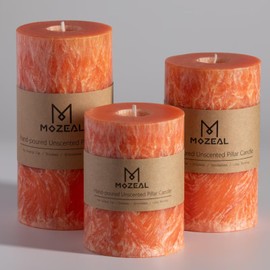 MOZEAL Hand-Poured, Unscented Orange Crystal Pillar Decorative Candles, Elegant Set of 3 in Different Sizes (3"x4", 3"x5", 3"x6"), Luxurious Décor for Fall Homes & Events