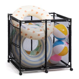 ALIMORDEN Pool Storage Bin, Rolling Mesh Basket Organizer, Metal Frame Container Holder for Swimming Balls, Floats, Toys and Beach Towels, Black