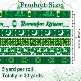 6 PCS Ramadan Ribbons 3/8" Eid Mubarak Decor Ribbons Moon Star Words Lantern Grosgrain Ribbons for Eid Ramadan Decoration Islamic Muslim Party Favor Gift Wrapping Crafts Supplies (Green&Gold)