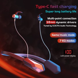 150H Playtime Neckband Bluetooth Headphones with LED Power Display, Bluetooth V5.3 Sweatproof Sport Headsets Stereo Sound, 7 EQ and Game Mode, USB-C Fast Charging, with Noise Cancelling Microphone