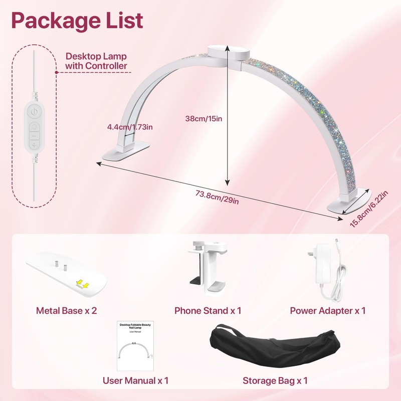 Wolliran Half Moon Light for Nail Desk 29 inch, Foldable