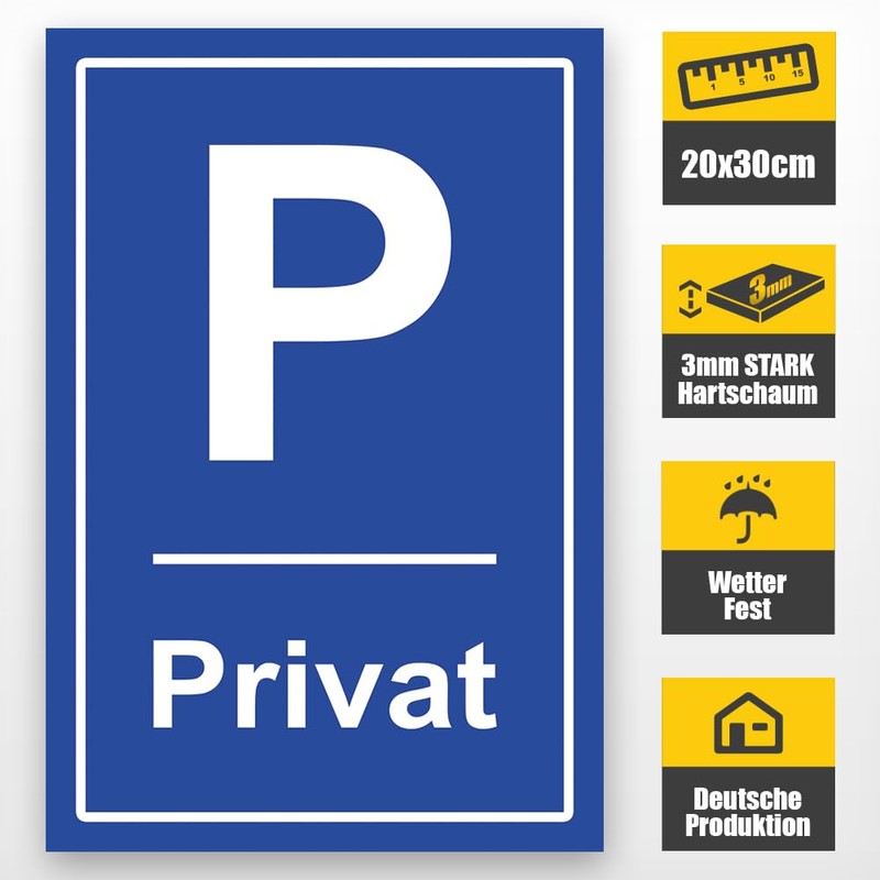 Privatparkplatz Sign, 20 x 30 cm, 3 mm Thick Hard