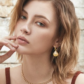 LOYATA Clam Shell Dangle Earrings Gold Huggie Hoop 14K Gold Plated Dainty Small Simple Hypoallergenic Beach Jewelry Gift for Women