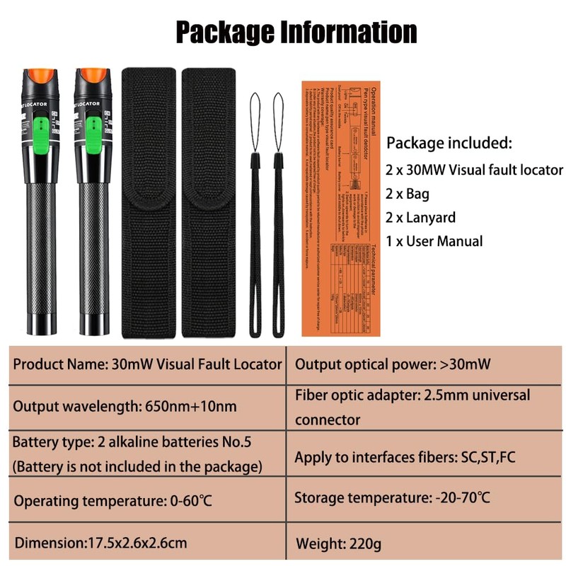 LIAYTRSS 2pcs Fiber Optic Test Pen 30mW 30km FTTH Fiber