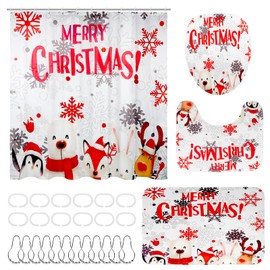 4 Pcs Christmas Shower Curtain Set, Christmas Bathroom Sets with Shower Curtain 70.86*70.86 icnhs, Non-Slip Rugs, Toilet Lid Cover, Bath Mat and 24 Hooks, Christmas Holiday Bathroom Decor with Hooks