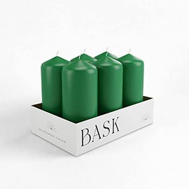 Cone Top Pillar Candles by Bask - Set of 6 - 3" x 6" Dripless Unscented Holiday Candles in Green for Home Decor, Relaxation & All Occasions