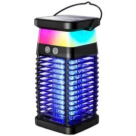 Solar Bug Zapper Outdoor/Indoor, 4000V Electric Mosquito Zapper with Flickering Flame & RGB Atmosphere Light, Cordless Waterproof Rechargeable Mosquito Repellent Outdoor Patio Backyard, Camping, RV