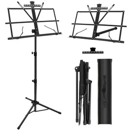 Music Stand, 1/2/4 Pack 2 in 1 Dual-Use Folding Sheet Music Stand, Lightweight Portable Adjustable Desktop Book Stand with Music Sheet Clip Holder & Carrying Bag(1 Pack Black)