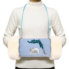 MatFirsmo Faux Fur Hand Muffs, Portable Hand Warmer Pouch with Zipped Pocket Strap for Cold Weather, Cute Blue Embroidery Pattern Hand Muffler for Women Girls