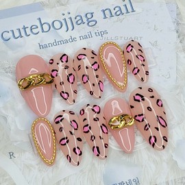 Indie Pink Leopard Handmade Nail Tips - Coffin Egg / 인디핑크 레오파드 수제네일팁 - 코핀에그