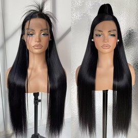 13x6 Natural Black Lace Frontal Wigs, HD Glueless Synthetic Straight Lace Front Wig Pre-Plucked, Ready to Wear Similar Human Hair 200 Density, 32inch #1B