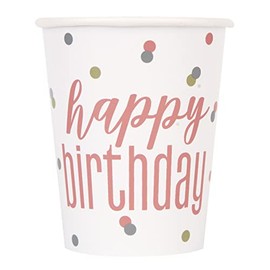 Unique 84896EU - Plastic Free Paper Cups - 266 ml - Glitz Rose Gold Birthday Party - 8 Count (Pack of 1)