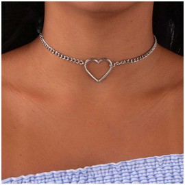 Erimberate Vintage Love Heart Choker Necklace Silver Hollow Heart Pendant Necklace Punk Heart Collar Chain Necklace Silver Curb Chain Necklace Jewelry for Women
