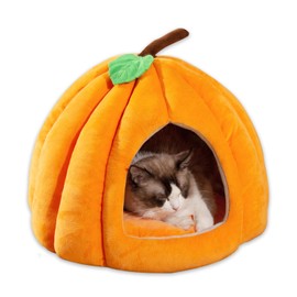 PawsSynergy Cat Beds for Indoor Cats and Small Dog,Cute Pumpkin Shape Cat Sleeping Bag with Removable Washable Cushioned Pillow,Soft and Warm Indoor Cat House (Orange, Large)