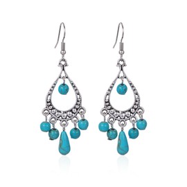 coadipress Bohemian Turquoise Beaded Tassel Earring for Women Ethnic Chandelier Boho Beads Earrings Hollow Out Turquoises Statement Earrings Ethnic Style Jewelry Gifts (Turquoise Beaded Tassel)