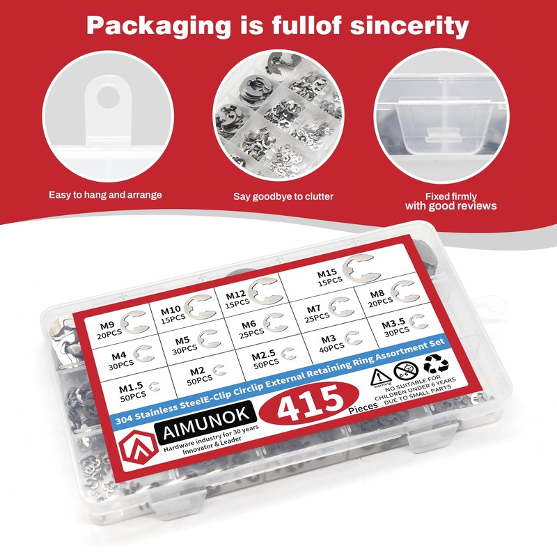 AIMUNOK 415Pcs E-Clip External Retaining Rings Snap Rings Assortment Set,