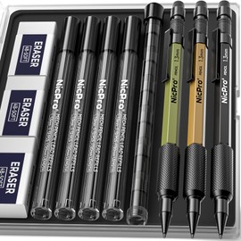 Nicpro 3 PCS 1.3 mm Mechanical Pencil Set 3 Colors with 48 Lead Refill, 3 Eraser - Weatherproof Metal MP2000 Heavy Duty Carpenter Pencil for Outdoor Marking Drafting Drawing Woodworking