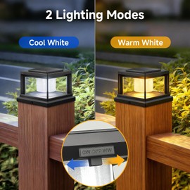 FOLKSMATE Solar Post Cap Lights 12 Pack, 2 Lighting Modes Cool/Warm White Outdoor Solar Powered, Waterproof Fence Deck Lights for 4×4 3.5×3.5 Wood Vinyl Posts, for Garden Patio Porch Decor, Black