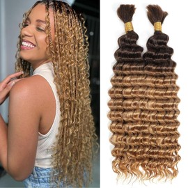 Boho Braids Human Hair Urbeauty Human Braiding Hair for Boho Knotless Braids Deep Wave Bulk Human Hair for Braiding Bohemian Curly Human Hair Brown with Highlights T4/27 Boho Braids/Twist/Locs 18in
