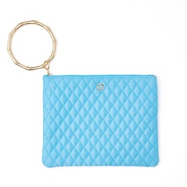 Oventure Bracelet Pouch – Peacock Blue Quilted Clutch Bag with Bamboo Bangle Zip, Stylish Wristlet for Women, Lightweight & Spacious Accessory