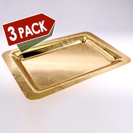 Maro Megastore (Pack of 2) 18.5 inch x 13 inch Oblong Chrome Plated & Iron Gold Plated Serving Tray Stylish Design Floral Engraved Edge Decorative Party Dessert Buffet Décor Wine Platter Plate NC-120