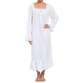 Womens Nightdress 100% Cotton Nightwear Sleepwear Victorian Vintage Nightgown Pajamas Sleep Shirt (White-long, L)
