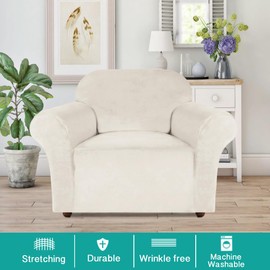 Turquoize Stretch Velvet Chair Cover Sofa Covers for Living Room Armchair Cover Chair Slip Covers with Arms Armchair Slipcover with Elastic Bottom Crafted from Soft Velvet Fabric (Chair, Porcelain)