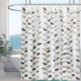 Minicoco Shower Curtains Mould Proof Resistant Bathroom Shower Curtain 100% Polyester Waterproof Shower Curtain Anti-Mould with 12 Hooks, 180 x 180 cm (Small Leaves)