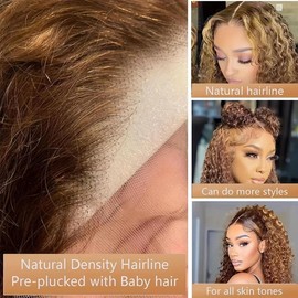 Highlight Lace Front Wigs Human Hair Pre Plucked 12 Inch Short Deep Curly Bob Wigs for Black Women Human Hair Glueless 13x4 HD Lace Frontal Closure Deep Wave Wig Perruque Femme Ombre Brown #4/27