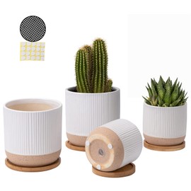TAMAYKIM 5.25 + 4 Inch Ceramic Plant Pots Set with Saucers & Drainage, Modern Minimalist Design Flower Planter with Saucers for Indoor Outdoor Succulent, Cactus & Herbs, White, Set of 4