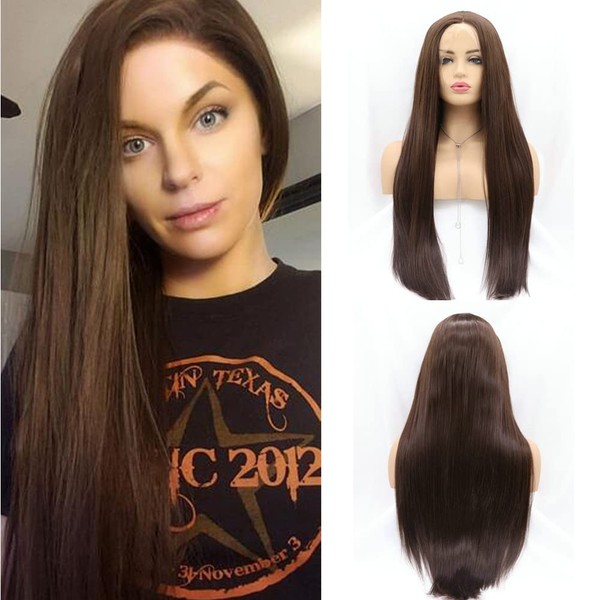Angle Lucky Brown Wigs for Womem Long Straight Brown Natural Color Wig Synthetic Brown Lace Front Wig Heat Resistant Brown Glueless Wig Makeup Drag Queen Party