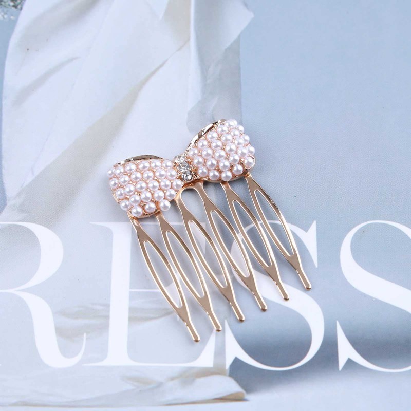 Dervivea Tiny Pearl Bow Hair Comb Gold Crystal Side Comb