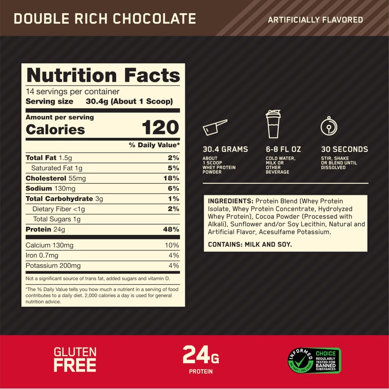 Optimum Nutrition Gold Standard 100% Whey Protein Powder, Double Rich