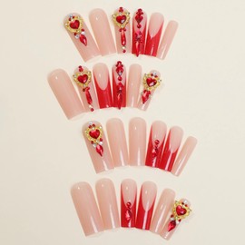 BABALAL Long Square Press on Nails Red Fake Nails French Tip Glue on 3d Heart Love Charm Design 24Pcs Squoval Stick on False Acrylic Nails for Coquette Women Girls