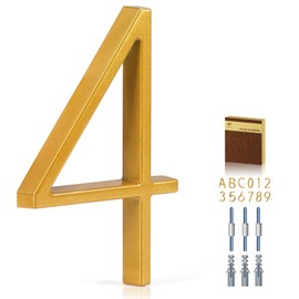 YIPLED 5 Inch House Numbers for Outside, Metal Address Number 4 - Modern Design, Weather-Resistant Gold Powder Coated Finish, No Fading (Gold)
