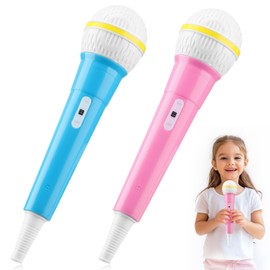 Facmogu 2PCS Fake Microphone Props, Fake Pretend Play Microphone Prop for Karaoke Stage Costume Role Play, Plastic Toy Microphone Prop for Kids, Realistic Simulate Speech Practice Prop - Blue & Pink
