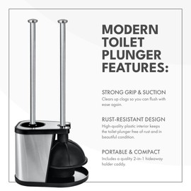 ToiletTree Products Modern Deluxe Freestanding Toilet Brush and Plunger Combo (Black - 7.5" x 9" x 20.5")