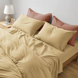 Eikei Washed Cotton Chambray Fitted Sheet Set Solid Color Casual Modern Style Bedding Set Relaxed Soft Feel Natural Wrinkled Look (Light Yellow Ocher, Twin)