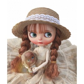 YR EARTH Doll Outfit S089 Straw Hat with Lace Ribbon Blythe Outfit (Natural Brown)