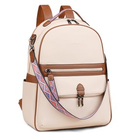 FADEON Leather Laptop Backpack for Women 15.6 inches PU Computer Backpacks, Designer Travel Backpack Laptop Pocket Beige Brown