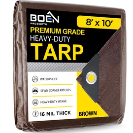 Ultra Heavy Duty 16 Mil Thick 8' x 10' Brown Tarp Cover, Waterproof, Tear Proof and UV Resistant, with Reinforced Edges and Grommets