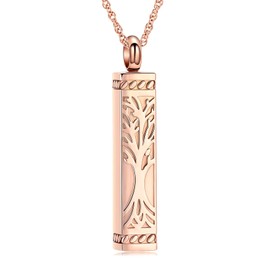shajwo Tree of Life Urn Necklaces for Ashes for Women Men Cube Bar Cremation Jewelry for Ashes Memorial Human Ashes Pendant,Rose Gold