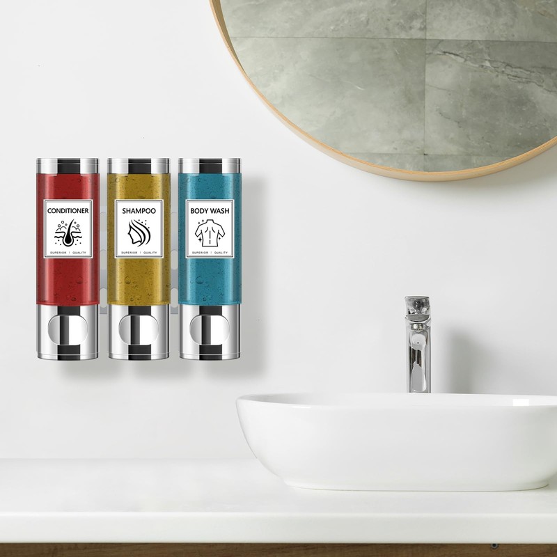 Volufia Shower Dispenser 3 Chamber No Drill, Shampoo Dispenser for
