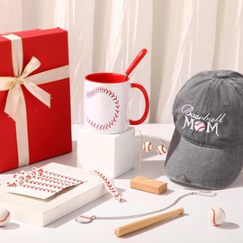 Didaey 11 Pcs Baseball Mother's Day Gifts Set Include Baseball Mom Hat Ceramic Coffee Cup with Spoon Hair Ties Ball Necklace Earrings for Mom Birthday Gifts
