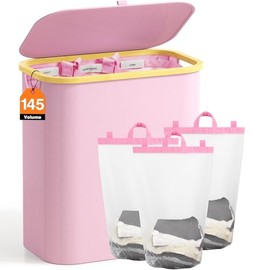 Laundry Basket with Lid, 145L Extra Large Laundry Hamper 3 Section Dirty Clothes Hampers for Laundry with Removable Laundry Bags, Laundry Sorter for Bedroom, Laundry Room, Pink