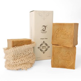 Zaman Sense Premium Aleppo Soap 100% Olive Oil - Set of 3 Including Soap Bag - Handmade & Naturally Matured - Unscented, Vegan, No Additives - Natural Soap for Face, Body & Hair
