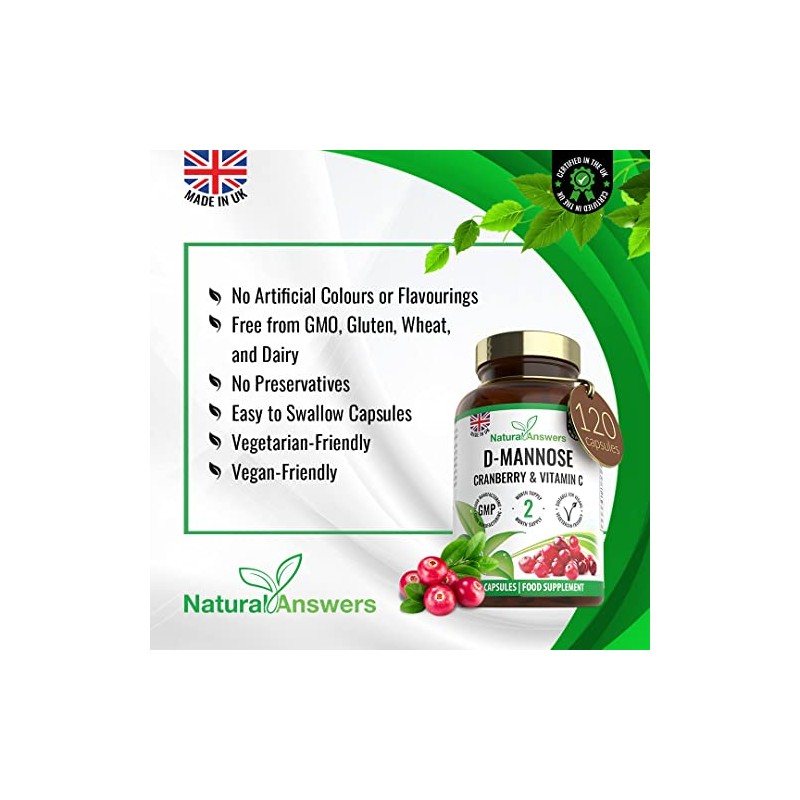 120 D-Mannose Capsules with Vitamin C and Cranberry Extract -