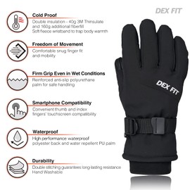 DEX FIT Coldproof Warm Winter Gloves WG201, Waterproof, Double Thermal Protection for Cold Weather & Outdoor Work, PU Leather Firm Grip, Touchscreen Compatible, Washable; Black 9 (L) 1 Pair