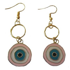 Earrings, Protective Pink Multicolored Enamel Evil Eye Gold Plated Dangle Earrings+ Gift Bag